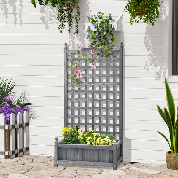 Outsunny Fioriera rialzata con grigliato, cassetta per fiori con supporto per piante rampicanti, arco per rose, aiuto per rampicanti, legno grigio 64 x 28 x 120 cm | Aosom Italy