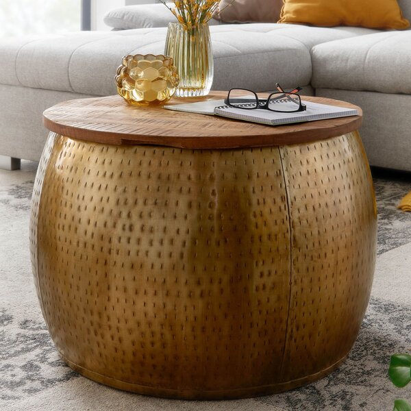FineBuy tavolino da caffè mango in metallo massiccio 60x60x40 cm dorato rotondo con contenitore | Design tavolo da soggiorno piano estraibile | Tavolo da soggiorno pieghevole