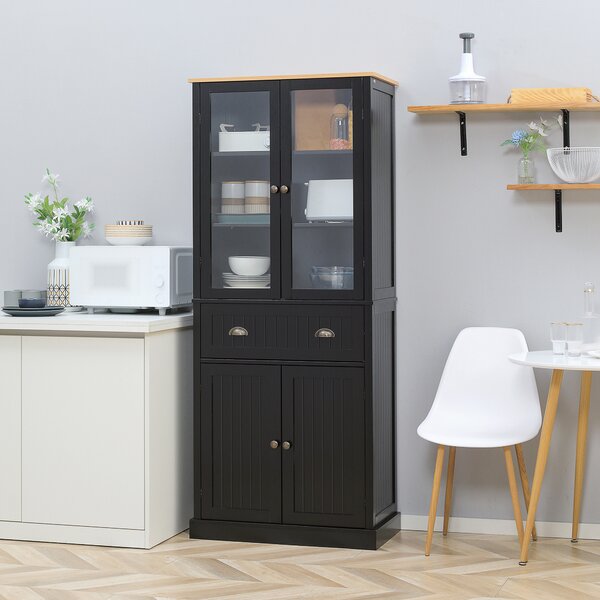 HOMCOM Buffet mobile cucina 4 porte di cui 2 con vetro e 1 cassetto ripiani regolabili - nero | Aosom Italy