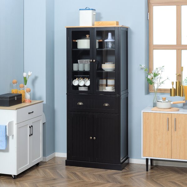 HOMCOM Buffet mobile cucina 4 porte di cui 2 con vetro e 1 cassetto ripiani regolabili - nero | Aosom Italy