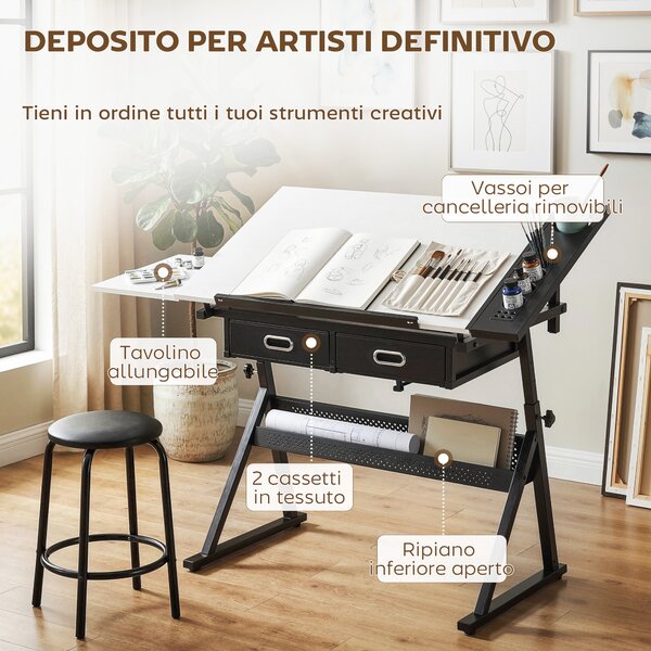 HOMCOM Tavolo da Disegno Regolabile, Scrivania e Sgabello per Disegno e Lavoro, Bianco | Aosom Italy