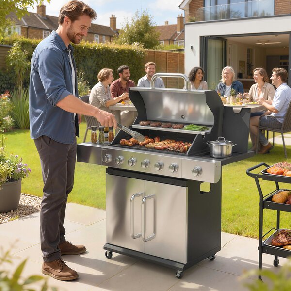 Barbecue a Gas 142x49x111 cm 6 Bruciatori e Fuoco Laterale in Acciaio Inox Nero e Argento