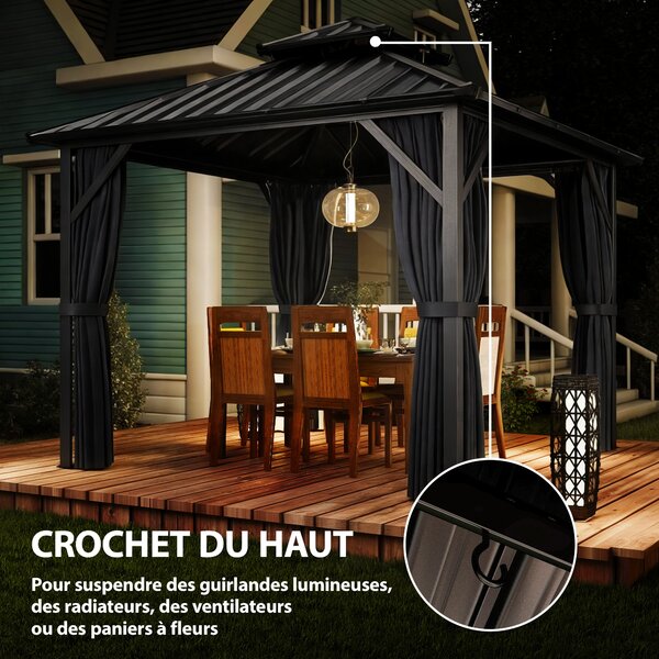 Outsunny Gazebo 3 x 3 m con tetto rigido e struttura in alluminio, tetto doppio in acciaio galvanizzato, grigio scuro | Aosom Italy