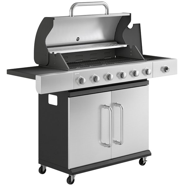 Barbecue a Gas 142x49x111 cm 6 Bruciatori e Fuoco Laterale in Acciaio Inox Nero e Argento