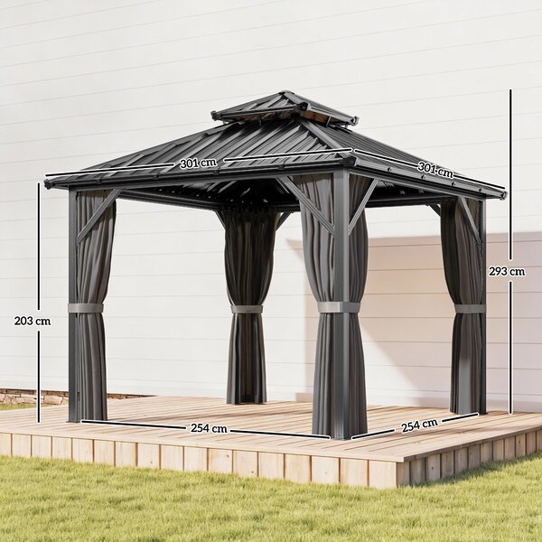 Outsunny Gazebo 3 x 3 m con tetto rigido e struttura in alluminio, tetto doppio in acciaio galvanizzato, grigio scuro | Aosom Italy