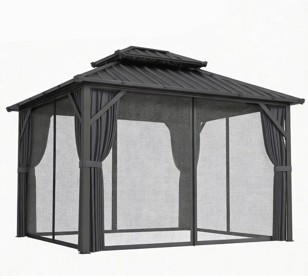 Outsunny Gazebo 3 x 3,6 m a Tetto Rigido con Tetto Doppio in Acciaio Galvanizzato, Struttura in Alluminio, Grigio scuro | Aosom Italy