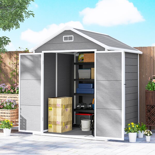 Outsunny Casetta da giardino in resina 2,7 m² con pavimento, porte a scatto, 3 finestre, struttura in alluminio 240 x 190 x 228 cm, grigio | Aosom Italy