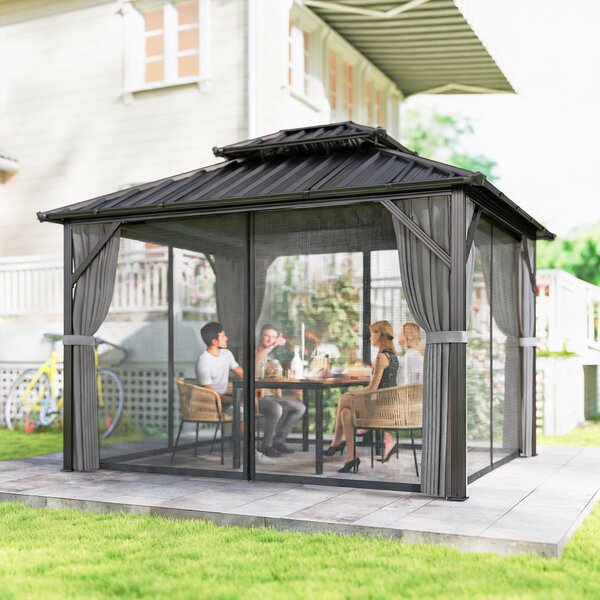 Outsunny Gazebo 3 x 3,6 m a Tetto Rigido con Tetto Doppio in Acciaio Galvanizzato, Struttura in Alluminio, Grigio scuro | Aosom Italy