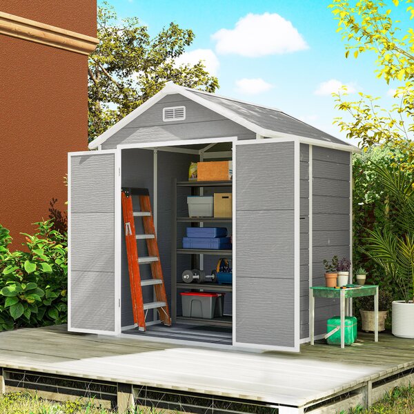Outsunny Casetta da giardino in resina 2,7 m² con pavimento, porte a scatto, 3 finestre, struttura in alluminio 240 x 190 x 228 cm, grigio | Aosom Italy