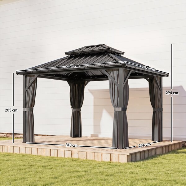 Outsunny Gazebo 3 x 3,6 m a Tetto Rigido con Tetto Doppio in Acciaio Galvanizzato, Struttura in Alluminio, Grigio scuro | Aosom Italy