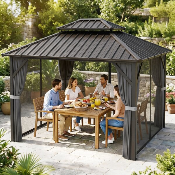 Outsunny Gazebo 3 x 3,6 m a Tetto Rigido con Tetto Doppio in Acciaio Galvanizzato, Struttura in Alluminio, Grigio scuro | Aosom Italy