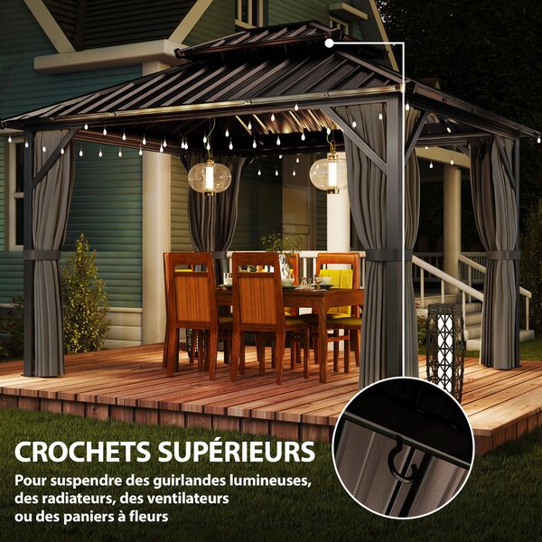 Outsunny Gazebo 3 x 3,6 m a Tetto Rigido con Tetto Doppio in Acciaio Galvanizzato, Struttura in Alluminio, Grigio scuro | Aosom Italy