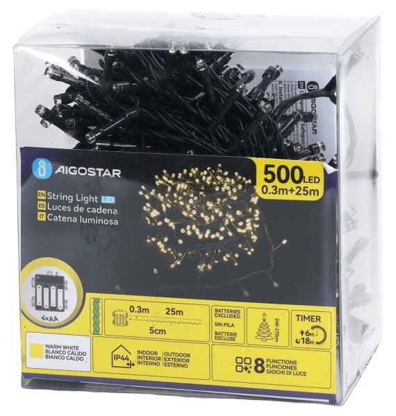 Aigostar - Catena luminosa LED da esterno 500xLED/8 funzioni 4xAA 25,3 m bianco caldo