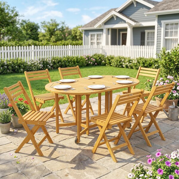 Outsunny Set Pranzo 7 Pezzi, Tavolo Estensibile Legno e 6 Sedie Pieghevoli per Giardino | Aosom Italy