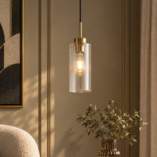 Lampada a sospensione Art Déco oro con vetro trasparente per sistema a binario monofase - Iconic Laura