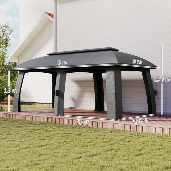 Outsunny Gazebo, tenda per feste, con zanzariere, doppio tetto, fino a 15 persone, grigio scuro, 3 x 6 x 3 m | Aosom Italy