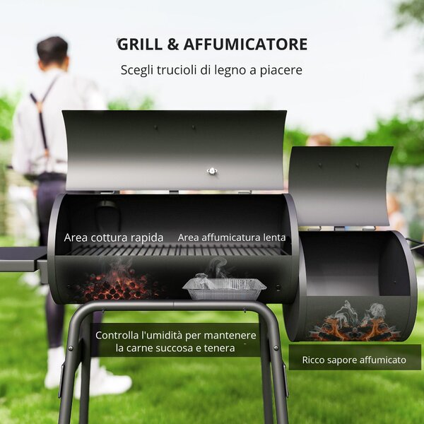 Outsunny Barbecue da Giardino con Coperchio, Ripiani e ruote, Termometro illuminato e manici in legno, 124x53x104cm, Nero | Aosom Italy