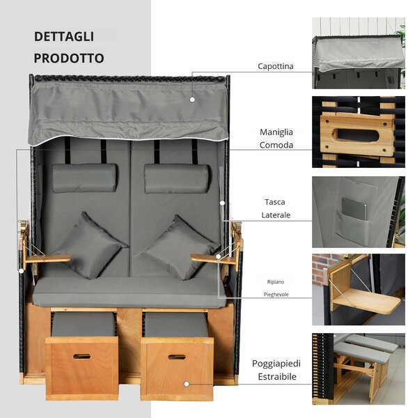 Outsunny Sdraio da Spiaggia Reclinabile a 2 Posti con Tettuccio Parasole e Cassetti, Schienale regolabile in 5 livelli, grigio chiaro | Aosom Italy