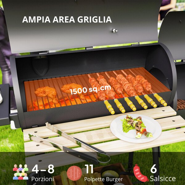 Outsunny Barbecue da Giardino con Coperchio, Ripiani e ruote, Termometro illuminato e manici in legno, 124x53x104cm, Nero | Aosom Italy