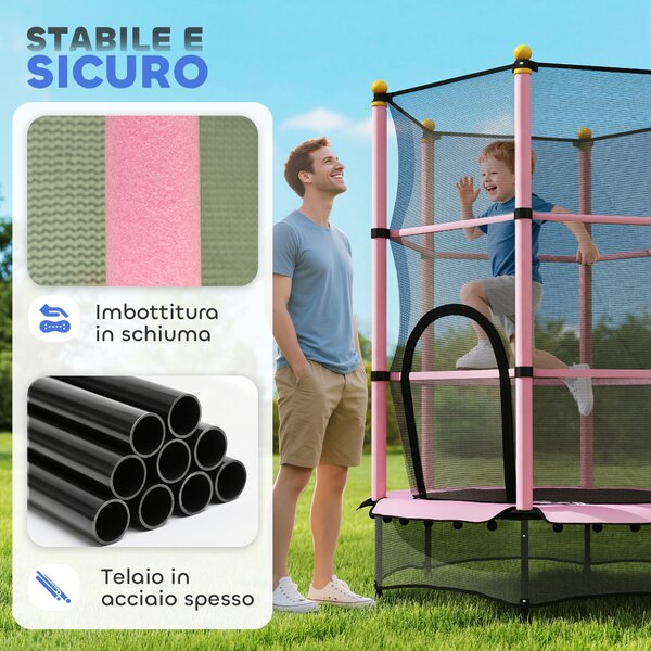 HOMCOM Tappeto Elastico per Bambini con Rete di Sicurezza e Pali Imbottiti Età 3-10 Anni, Ø140 x 190 cm, Rosa