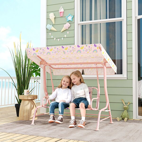 AIYAPLAY Dondolo per Bambini da Esterno a 2 Posti con Tettuccio Regolabile e Cinture di Sicurezza, 112x75x120 cm, Rosa