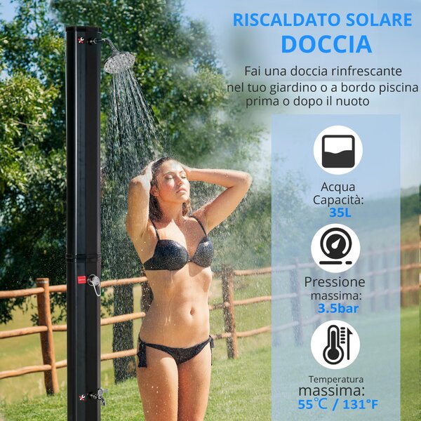 Outsunny Doccia solare esterna 35L doccia da giardino spiaggia piscina solare con doccetta e rubinetto termometro integrato acqua fredda e calda max. 55°C PVC ABS dim. 17,5l x 14,5l x 216H cm nero