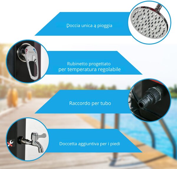 Outsunny Doccia solare esterna 35L doccia da giardino spiaggia piscina solare con doccetta e rubinetto termometro integrato acqua fredda e calda max. 55°C PVC ABS dim. 17,5l x 14,5l x 216H cm nero
