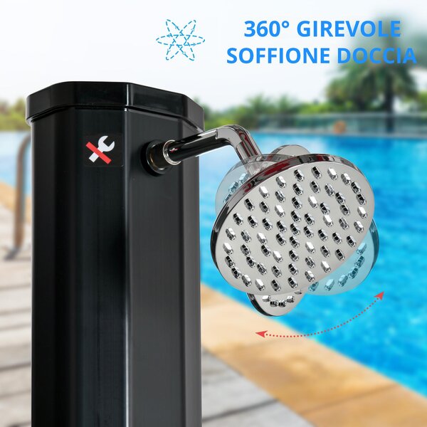 Outsunny Doccia solare esterna 35L doccia da giardino spiaggia piscina solare con doccetta e rubinetto termometro integrato acqua fredda e calda max. 55°C PVC ABS dim. 17,5l x 14,5l x 216H cm nero