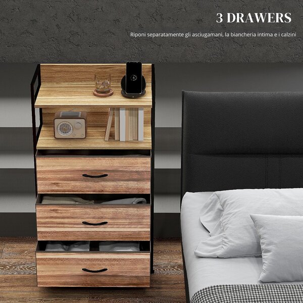 HOMCOM Mobile da inserimento stile industriale comoda 3 cassetti in tessuto rimovibili e 2 ripiani - 60 x 29 x 101cm - MDF e metallo