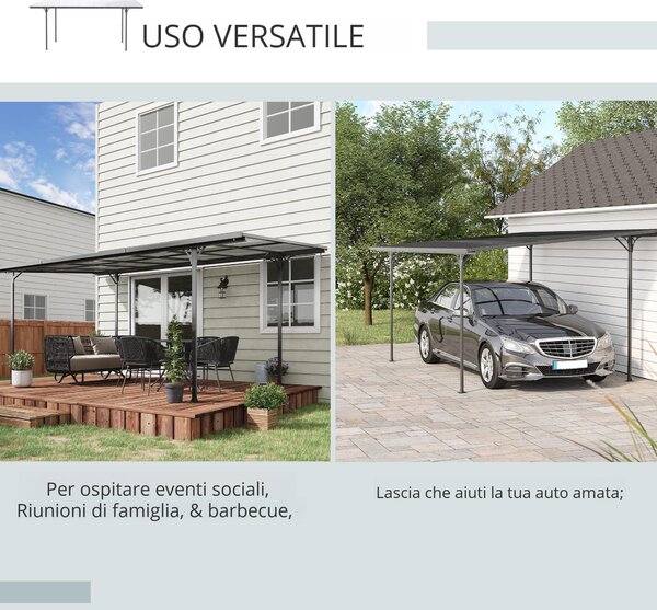 Outsunny Padiglione da garage e giardino con pali, Pergola rigida in alluminio e policarbonato, 500 x 299 x 195/223 cm, grigio | Aosom Italy