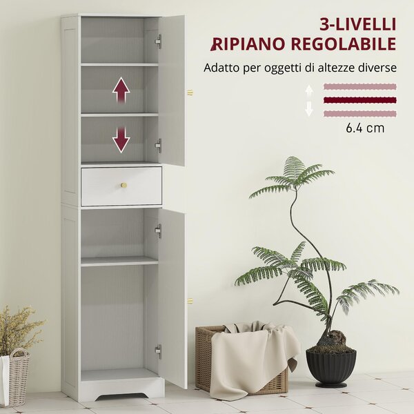 HOMCOM Armadietto Alto da Bagno Stretto con 2 Porte Arco Cassetto e Ripiani Regolabili Moderno 40x29,5x170 cm Bianco Veteado | Aosom Italy