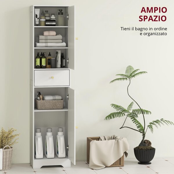 HOMCOM Armadietto Alto da Bagno Stretto con 2 Porte Arco Cassetto e Ripiani Regolabili Moderno 40x29,5x170 cm Bianco Veteado | Aosom Italy