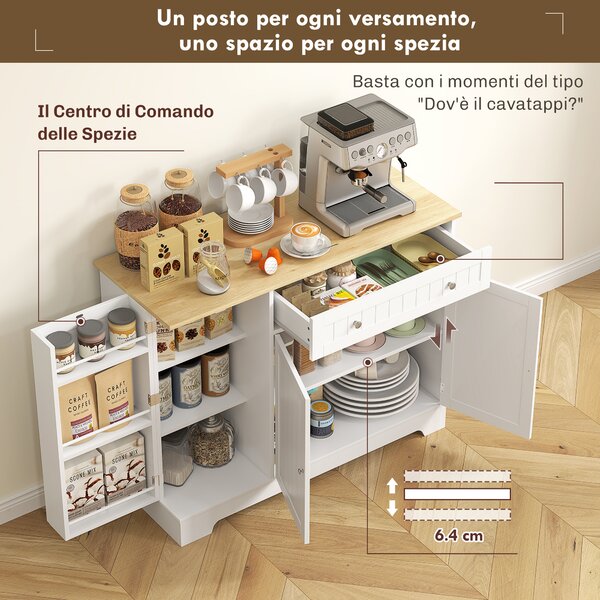 HOMCOM Credenza Moderna con Spazio di Archiviazione, Mobile Buffet con Cassetto, Ripiani Regolabili, Piccola Dispensa da Cucina con Ripiani Porta, Bianco | Aosom Italy