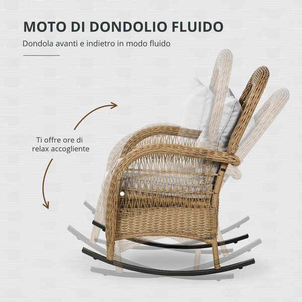 Outsunny Sedia a Dondolo in Stile Boho, Rattan PE, Sedia a Dondolo in Rattan, Coperture per Cuscini Lavabili, Naturale + Grigio Chiaro