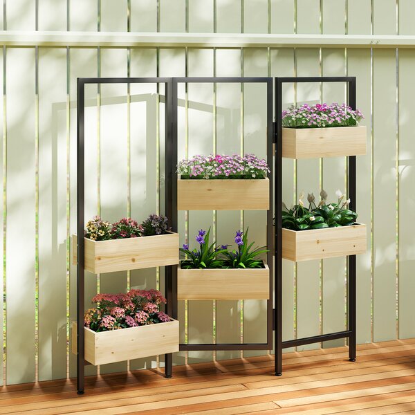 Outsunny Separatore pieghevole a 3 pannelli con 6 fioriere con foro di drenaggio e fodera, 116l x 20P x 112H cm, legno naturale | Aosom Italy