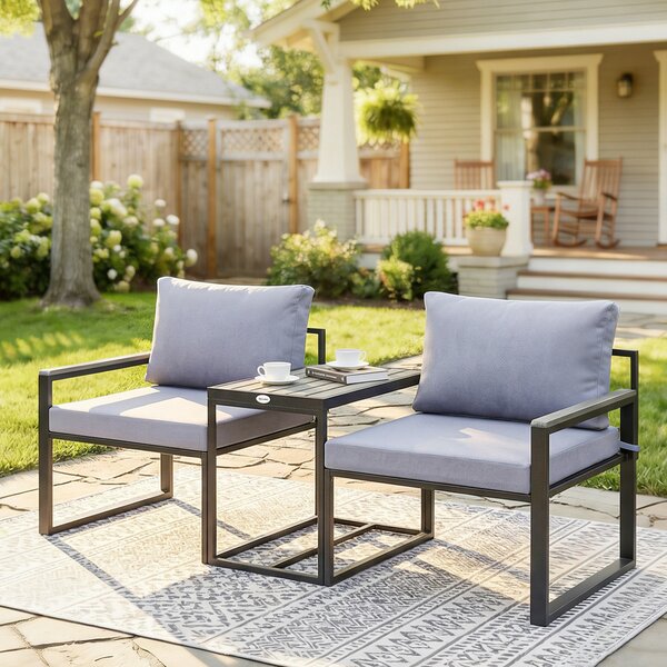 Outsunny Set da Bistrò da Giardino 3 Pezzi per 2 Persone, Tavolo e Sedie da Esterni con Seduta in Texteline e Cuscini, Grigio | Aosom Italy