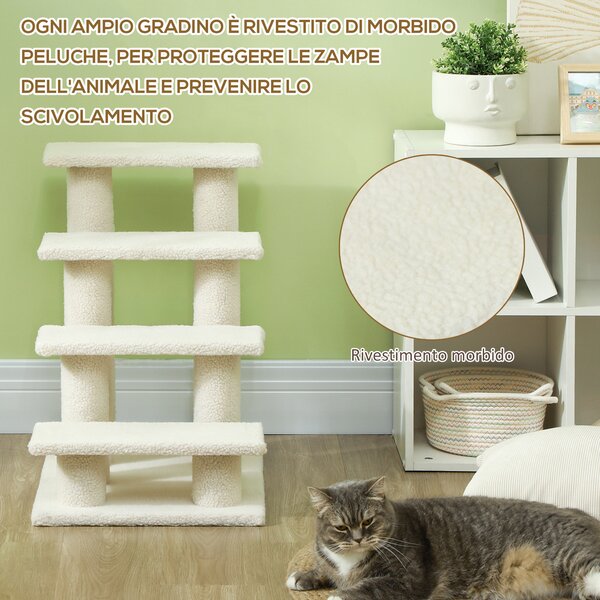 PawHut Scaletta per gatti con 4 piani in pannello truciolare peluche marrone chiaro 63.5 x 43 x 60cm