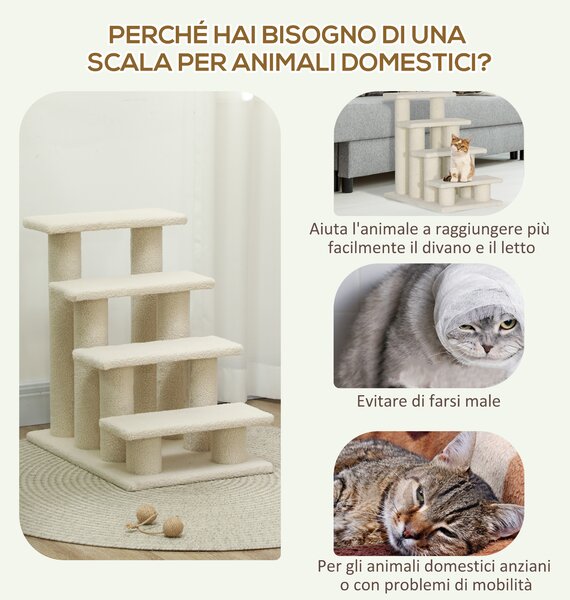PawHut Scaletta per gatti con 4 piani in pannello truciolare peluche marrone chiaro 63.5 x 43 x 60cm