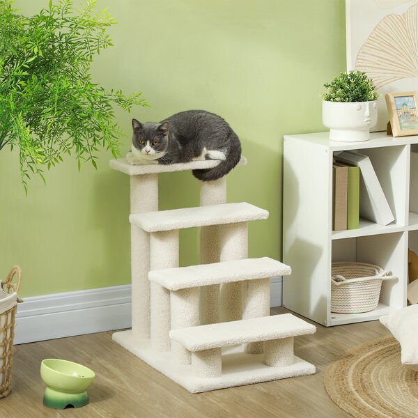 PawHut Scaletta per gatti con 4 piani in pannello truciolare peluche marrone chiaro 63.5 x 43 x 60cm