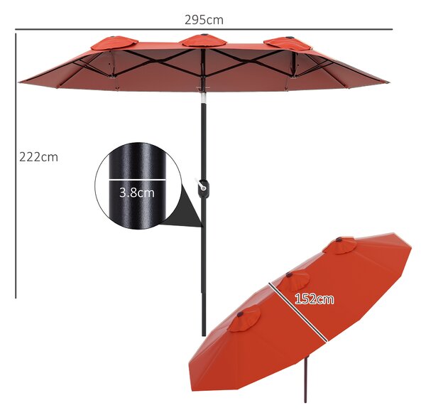 Outsunny Ombrellone da Giardino Doppio Inclinabile con Apertura a Manovella, Copertura con Prese d'Aria e 12 Stecche, 285x147x227cm, Rosso|Aosom