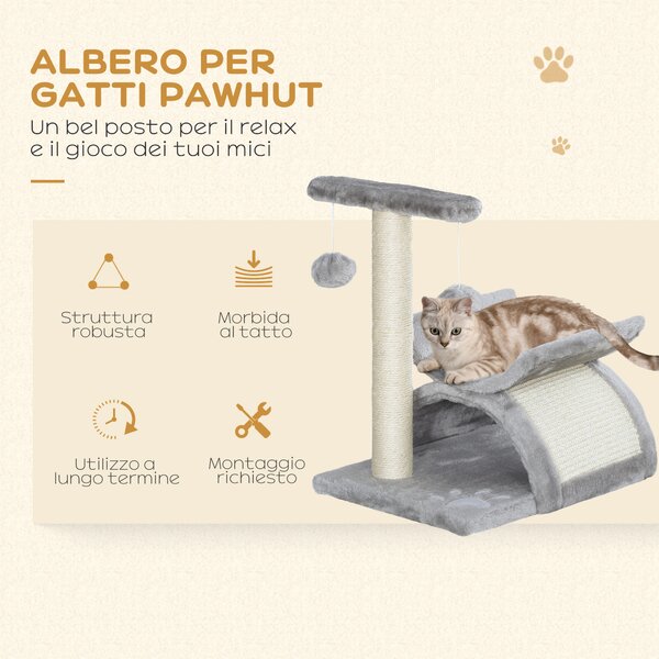PawHut Albero Tiragraffi per Gatti in Peluche con Palo in Sisal, Cuccia e 2 Palline, 40x30x43cm, Grigio|Aosom