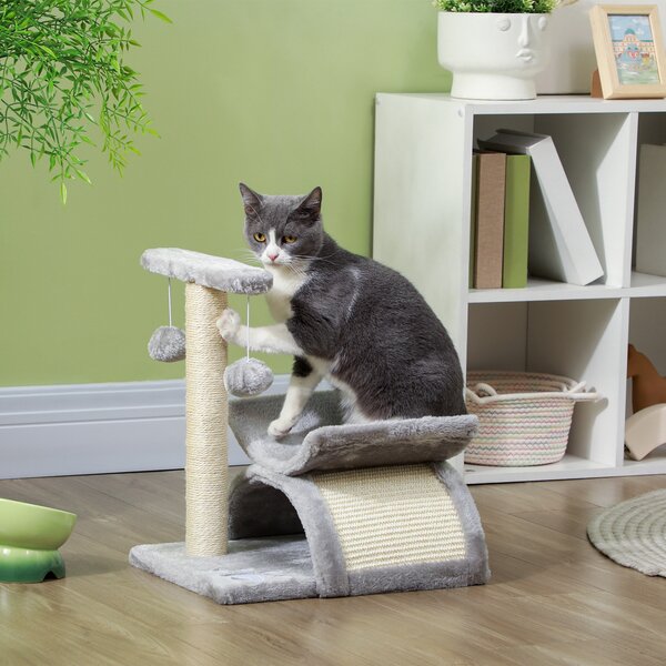 PawHut Albero Tiragraffi per Gatti in Peluche con Palo in Sisal, Cuccia e 2 Palline, 40x30x43cm, Grigio|Aosom