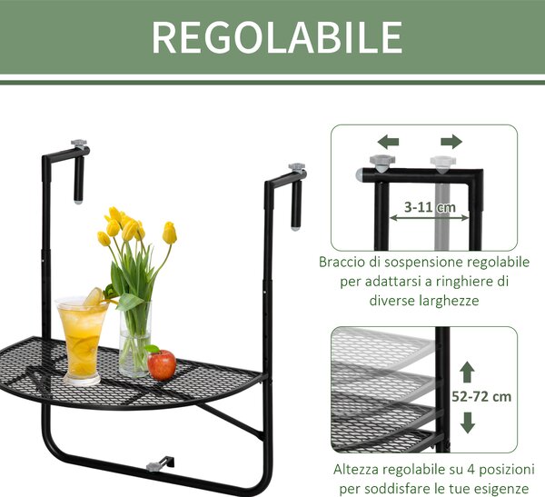 Outsunny Tavolo da Ringhiera Pieghevole, Metallo, Altezza Regolabile, Ideale per Balconi, 60x60x57-72cm, Nero|Aosom