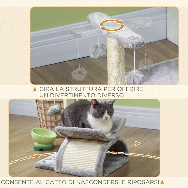 PawHut Albero Tiragraffi per Gatti in Peluche con Palo in Sisal, Cuccia e 2 Palline, 40x30x43cm, Grigio|Aosom