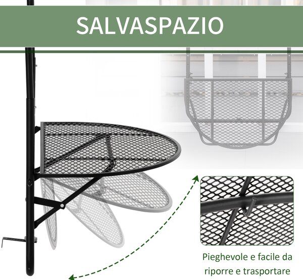 Outsunny Tavolo da Ringhiera Pieghevole, Metallo, Altezza Regolabile, Ideale per Balconi, 60x60x57-72cm, Nero|Aosom