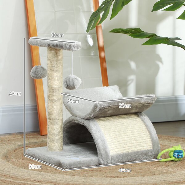 PawHut Albero Tiragraffi per Gatti in Peluche con Palo in Sisal, Cuccia e 2 Palline, 40x30x43cm, Grigio|Aosom