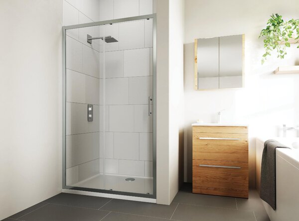 Porta doccia scorrevole Verve 140 cm, H 190 cm in vetro, spessore 6 mm serigrafato cromato