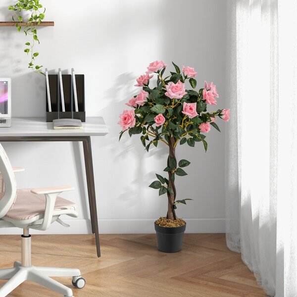 Costway Albero artificiale con fiori vaso tronco in legno reale da 93cm, Albero di fiori finti in vaso Verde