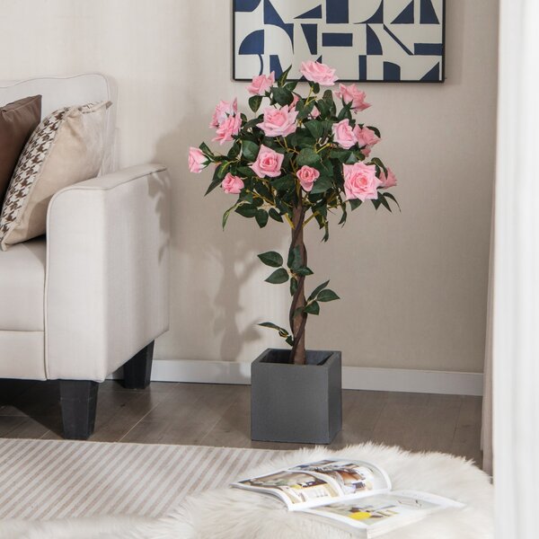 Costway Albero artificiale con fiori vaso tronco in legno reale da 93cm, Albero di fiori finti in vaso Verde