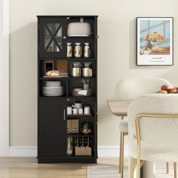 Costway Armadio da bagno alto con porte in acrilico e 3 cubi, Armadio da terra salvaspazio con ripiani regolabili Nero